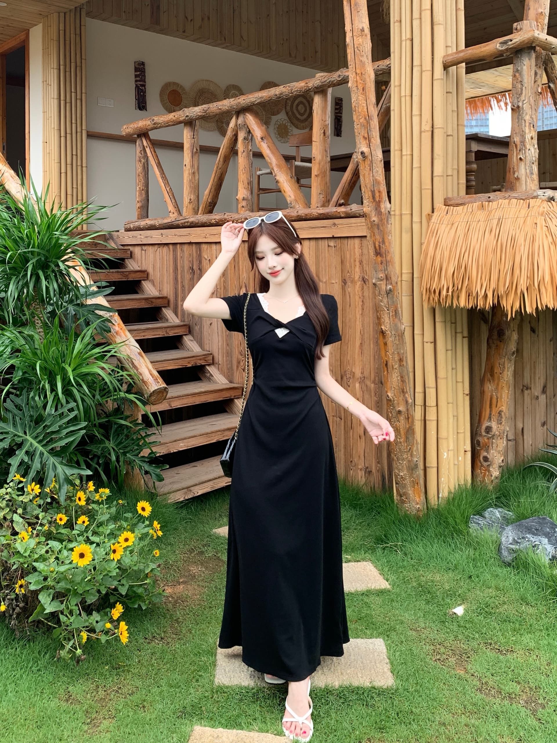 실사 빅 사이즈 여성 의류 프랑스식 순수한 욕망 바람 레이스 측면 V넥 드레스 마이크로 지방 소녀 허리 수축 슬림해 보이는 롱 스커트 상세 이미지 5