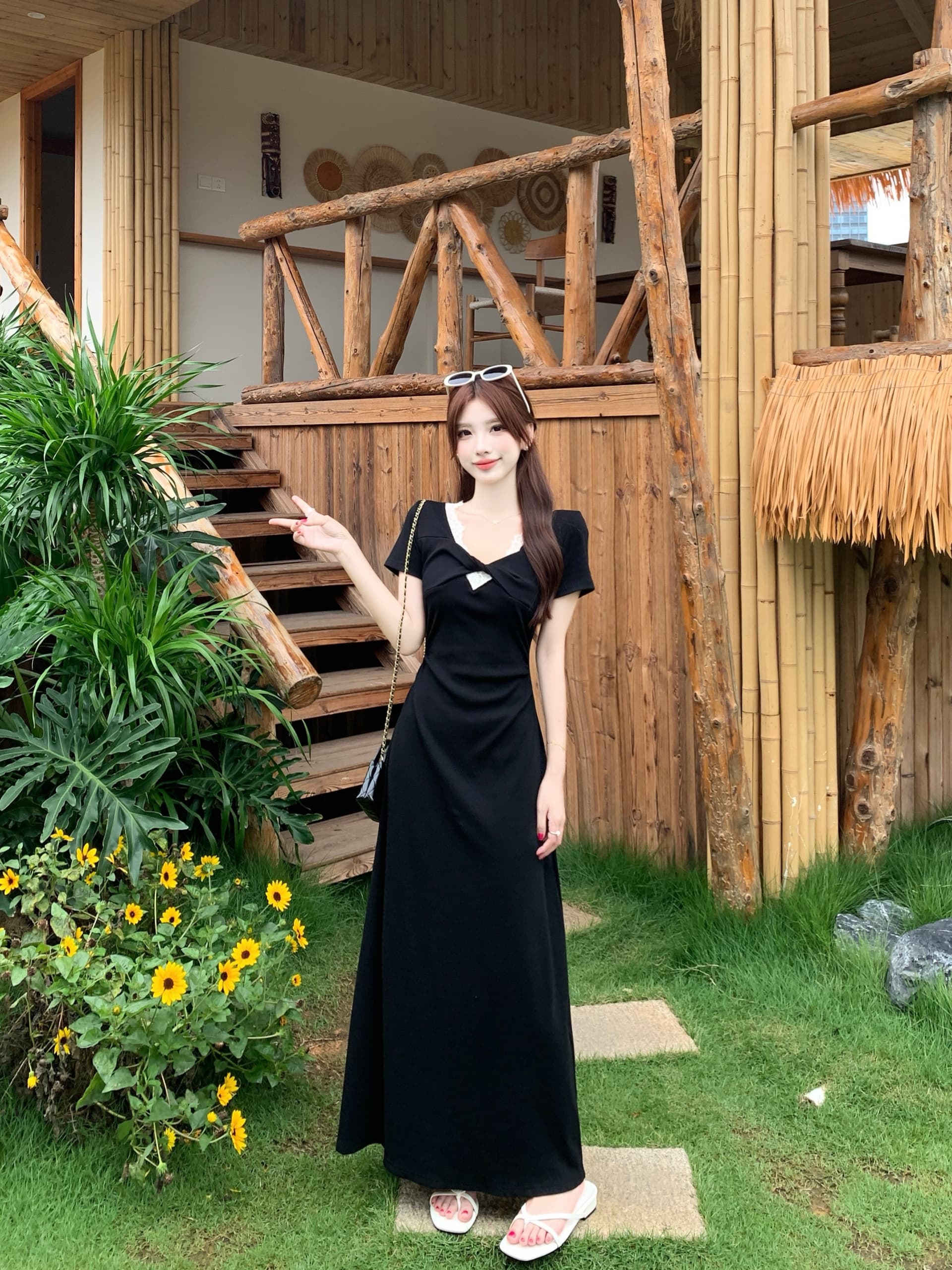 실사 빅 사이즈 여성 의류 프랑스식 순수한 욕망 바람 레이스 측면 V넥 드레스 마이크로 지방 소녀 허리 수축 슬림해 보이는 롱 스커트 상세 이미지 9