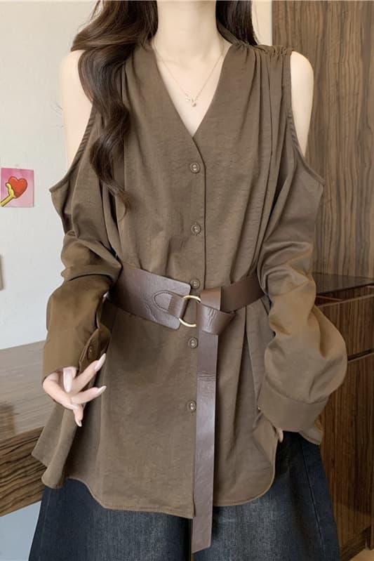 프랑스식 빛 요리 한 바람 품격 V넥 오프숄더 긴팔 여성 셔츠 가을 빅 사이즈 지방 mm 벨트 허리 수축 불규칙 맨위 이미지 7