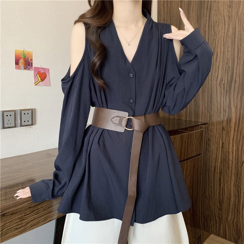 프랑스식 빛 요리 한 바람 품격 V넥 오프숄더 긴팔 여성 셔츠 가을 빅 사이즈 지방 mm 벨트 허리 수축 불규칙 맨위 상세 이미지 6