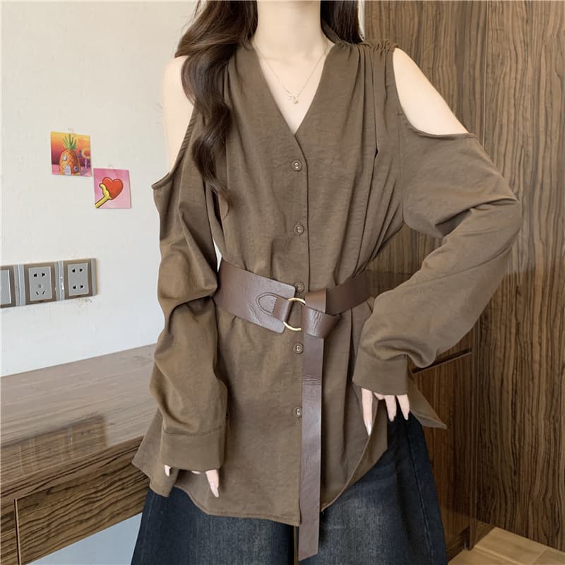 프랑스식 빛 요리 한 바람 품격 V넥 오프숄더 긴팔 여성 셔츠 가을 빅 사이즈 지방 mm 벨트 허리 수축 불규칙 맨위 상세 이미지 18