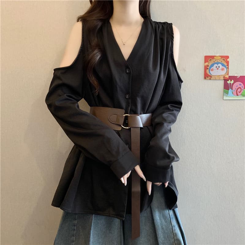 프랑스식 빛 요리 한 바람 품격 V넥 오프숄더 긴팔 여성 셔츠 가을 빅 사이즈 지방 mm 벨트 허리 수축 불규칙 맨위 상세 이미지 24