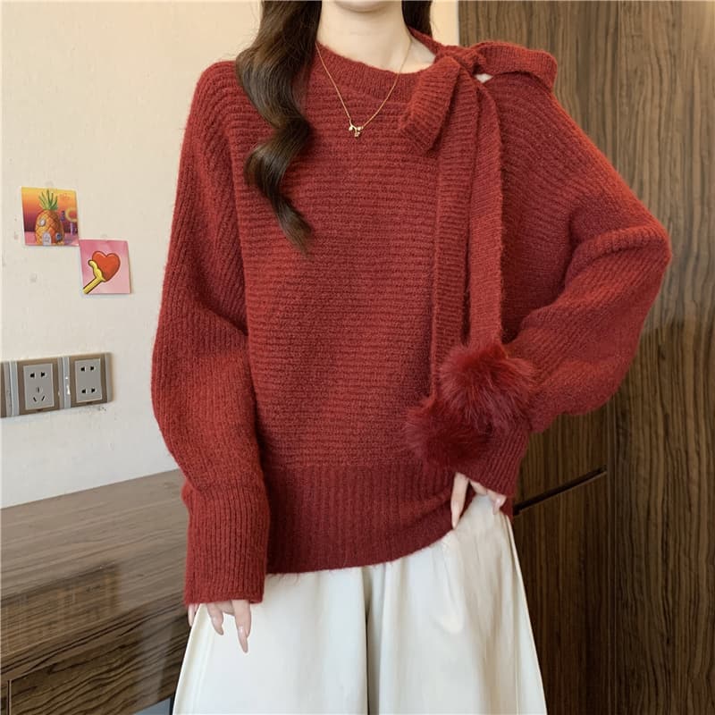 느긋한 바람 부드러운 찹쌀 털 공 레이스업 비스듬한 어깨 오프숄더 스웨터 여자 2025 겨울 빅 사이즈 지방 mm 빨간색 모헤어 맨위 상세 이미지 18