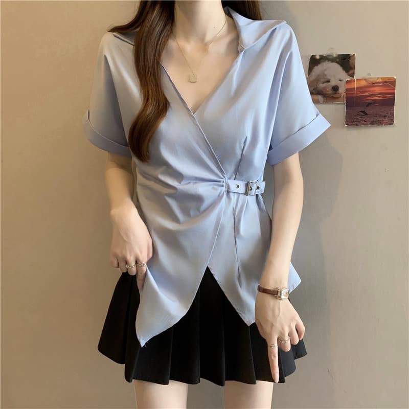 프랑스식 Chic 파란색 V넥 반팔 여성 셔츠 2026 여름 지방 mm 슬림해 보이는 불규칙 레이스업 허리 수축 맨위 이미지 5