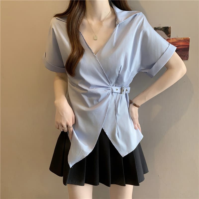 프랑스식 Chic 파란색 V넥 반팔 여성 셔츠 2026 여름 지방 mm 슬림해 보이는 불규칙 레이스업 허리 수축 맨위 상세 이미지 14