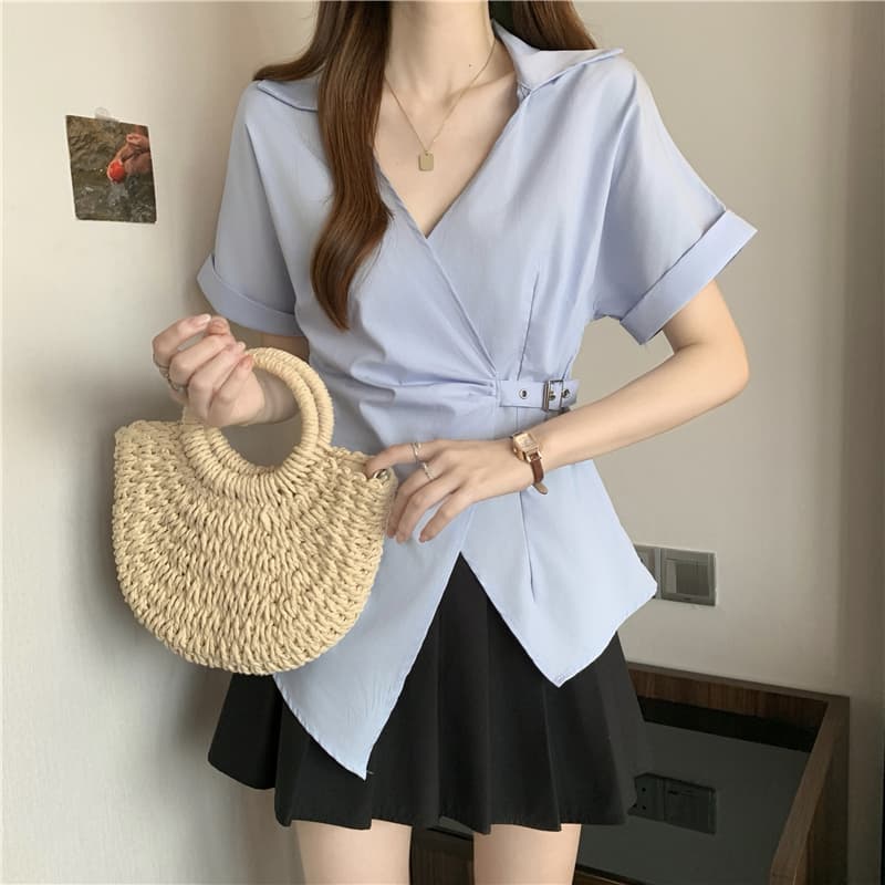 프랑스식 Chic 파란색 V넥 반팔 여성 셔츠 2026 여름 지방 mm 슬림해 보이는 불규칙 레이스업 허리 수축 맨위 상세 이미지 20
