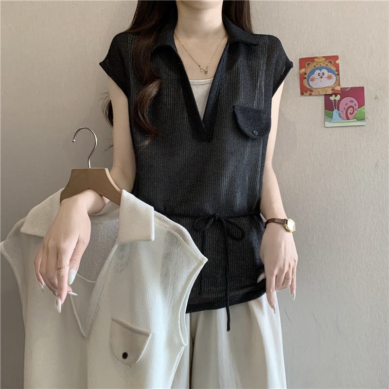 고급 센스 페이크 레이어드 polo 폴로 칼라 니트 반팔 여성 셔츠 여름 지방 mm 레이스업 허리 수축 Feifei 소매 맨위 이미지 2