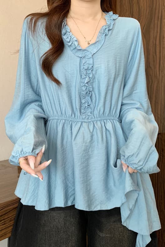 프랑스식 디자인 센스 프릴 V넥 긴팔 여성 셔츠 가을 빅 사이즈 지방 mm 허리 수축 표지 고기 슬림해 보이는 작은 셔츠 맨위 이미지 7