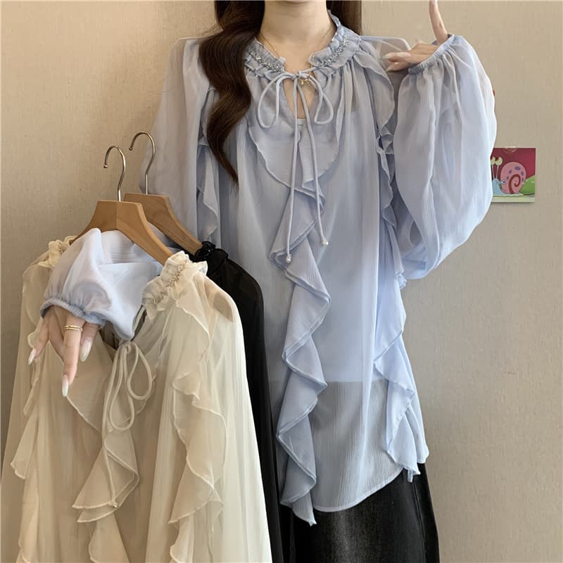 프랑스식 프릴 비즈 박기 레이스업 V넥 여성 셔츠 가을 지방 mm 중간 길이 캐미솔 스택 착용 투피스 세트 상세 이미지 22