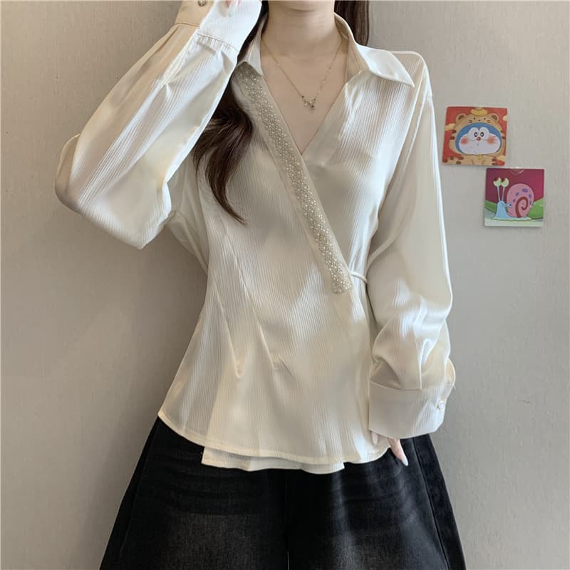 프랑스식 무거운 작업 비즈 박기 V넥 긴팔 여성 셔츠 가을 빅 사이즈 지방 mm 불규칙 레이스업 허리 수축 슬림해 보이는 맨위 상세 이미지 14