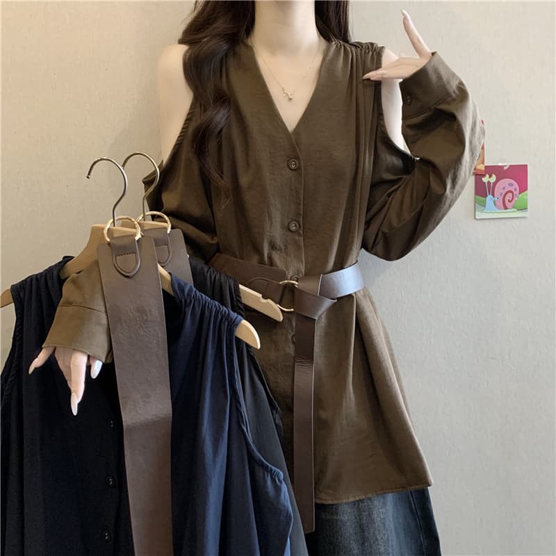 프랑스식 빛 요리 한 바람 품격 V넥 오프숄더 긴팔 여성 셔츠 가을 빅 사이즈 지방 mm 벨트 허리 수축 불규칙 맨위 이미지 2