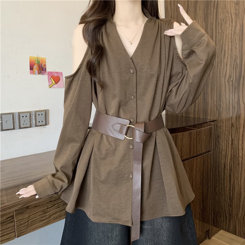 프랑스식 빛 요리 한 바람 품격 V넥 오프숄더 긴팔 여성 셔츠 가을 빅 사이즈 지방 mm 벨트 허리 수축 불규칙 맨위 이미지 4