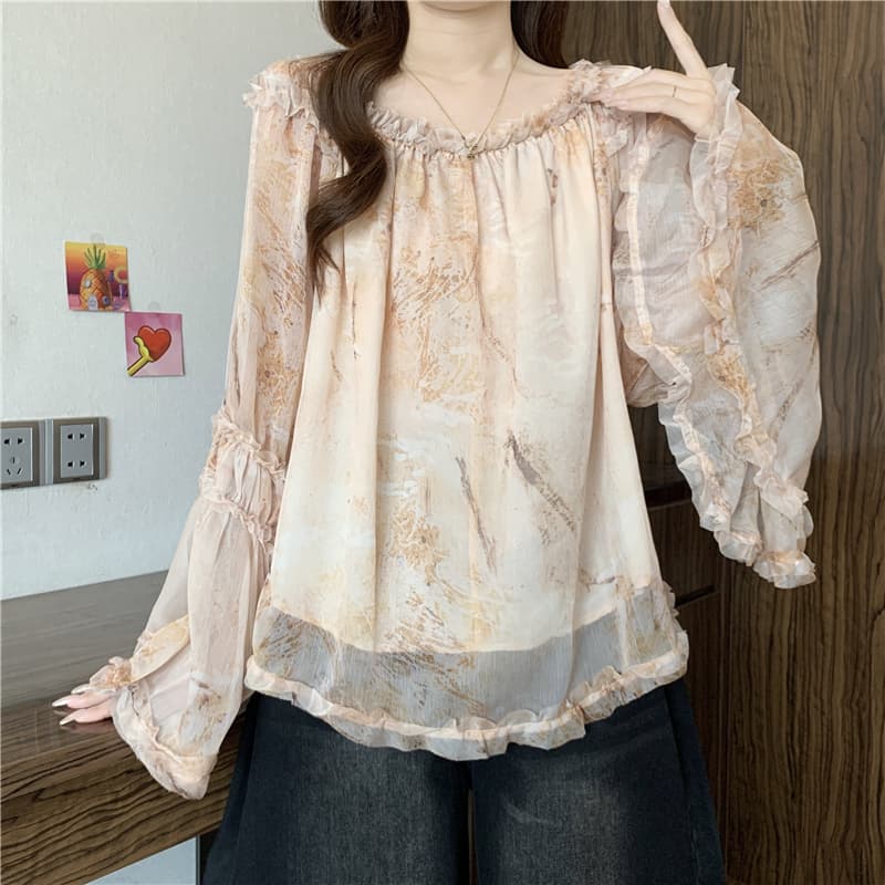 프랑스식 오프숄더 프릴 나팔 소매 시폰 셔츠 여성 가을 빅 사이즈 지방 mm 루즈핏 표지 고기 헤일로 염색 꽃무늬 맨위 이미지 5