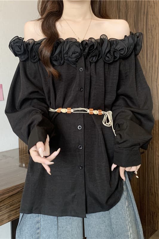 프랑스식 3 차원 꽃 보트넥 긴팔 여성 셔츠 가을 빅 사이즈 지방 mm 벨트 허리 수축 표지 배 오프숄더 맨위 이미지 7
