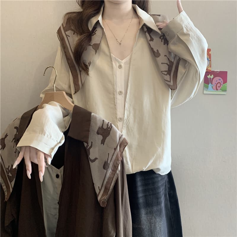 레트로 프린트 스카프 폴로 칼라 페이크 레이어드 여성 셔츠 가을 빅 사이즈 지방 mm 밑단 비틀림 디자인 센스 긴팔 맨위 이미지 2