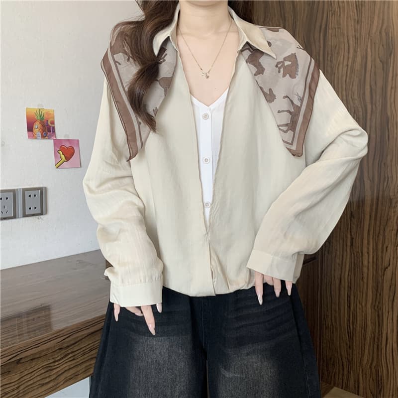 레트로 프린트 스카프 폴로 칼라 페이크 레이어드 여성 셔츠 가을 빅 사이즈 지방 mm 밑단 비틀림 디자인 센스 긴팔 맨위 상세 이미지 8