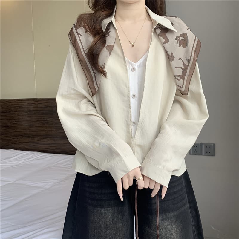 레트로 프린트 스카프 폴로 칼라 페이크 레이어드 여성 셔츠 가을 빅 사이즈 지방 mm 밑단 비틀림 디자인 센스 긴팔 맨위 상세 이미지 9