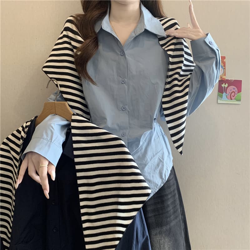 디자인 센스 폴로 칼라 레이스업 허리 수축 긴팔 여성 셔츠 가을 빅 사이즈 지방 mm 파란색 작은 셔츠 맨위 숄 투피스 세트 이미지 2