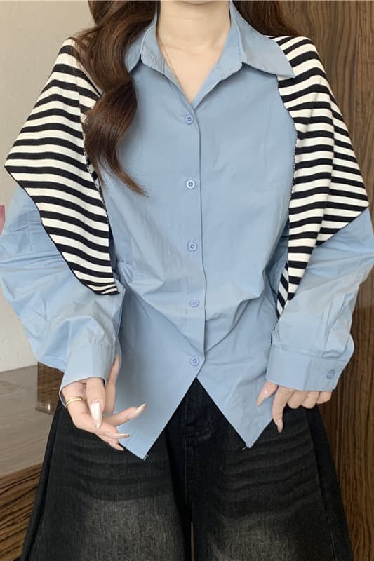 디자인 센스 폴로 칼라 레이스업 허리 수축 긴팔 여성 셔츠 가을 빅 사이즈 지방 mm 파란색 작은 셔츠 맨위 숄 투피스 세트 이미지 7