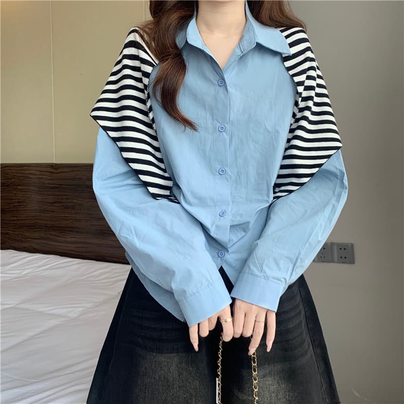 디자인 센스 폴로 칼라 레이스업 허리 수축 긴팔 여성 셔츠 가을 빅 사이즈 지방 mm 파란색 작은 셔츠 맨위 숄 투피스 세트 상세 이미지 19