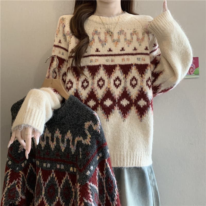 공정한 섬 레트로 다이아몬드 모양 자카드 니트 스웨터 스웨터 여자 가을 겨울 빅 사이즈 지방 mm 슬림해 보이는 루즈핏 느긋한 바람 맨위 이미지 2