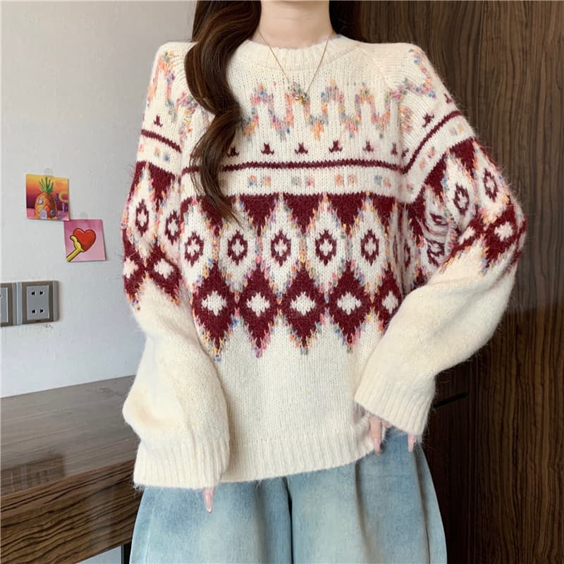 공정한 섬 레트로 다이아몬드 모양 자카드 니트 스웨터 스웨터 여자 가을 겨울 빅 사이즈 지방 mm 슬림해 보이는 루즈핏 느긋한 바람 맨위 상세 이미지 8