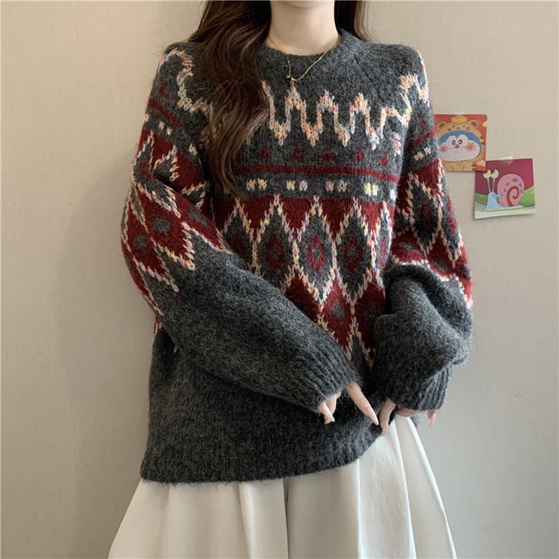 공정한 섬 레트로 다이아몬드 모양 자카드 니트 스웨터 스웨터 여자 가을 겨울 빅 사이즈 지방 mm 슬림해 보이는 루즈핏 느긋한 바람 맨위 상세 이미지 5