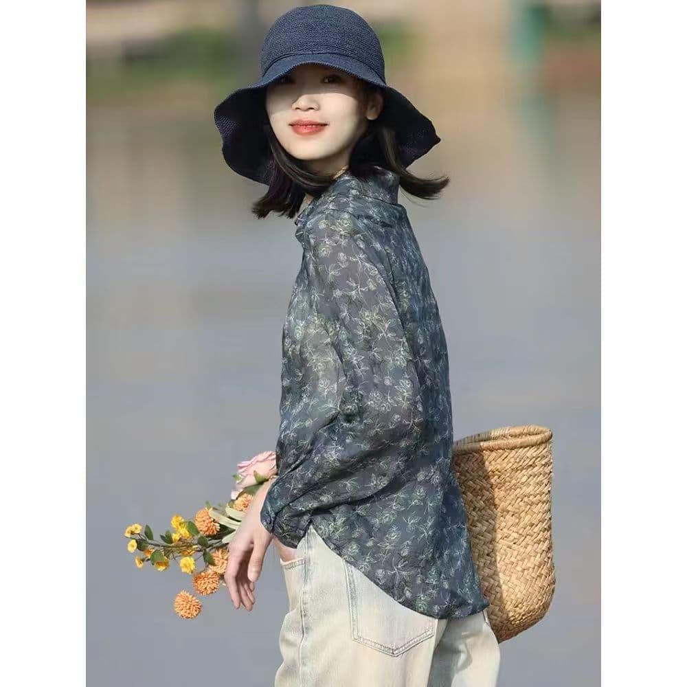 경관 그림 문예 레트로 프린트 긴팔 셔츠 2025 여름 새로운 여성 의류 고급 센스 폴로 칼라 캐주얼 맨위 트렌디 이미지 4