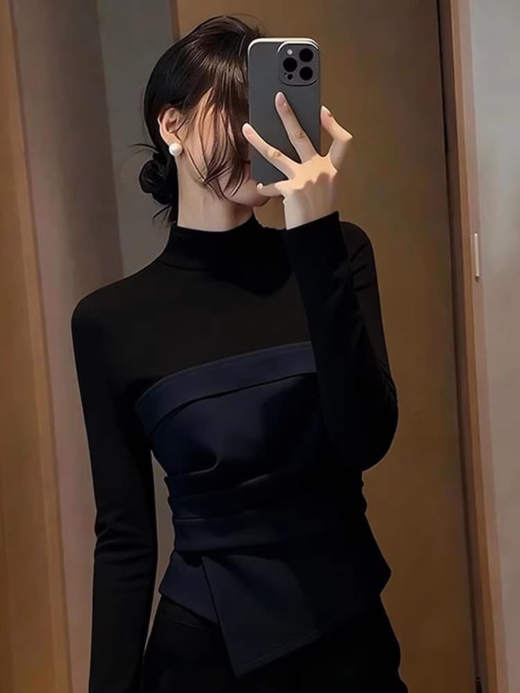 블루 검정색 반하이넥 패치워크 페이크 레이어드 기본 셔츠 여성 겨울 인사이드 가져 가라. 스택 착용 한 부서 아름다운 자이언트 잘 생긴 ~ 중 작은 셔츠 이미지 2