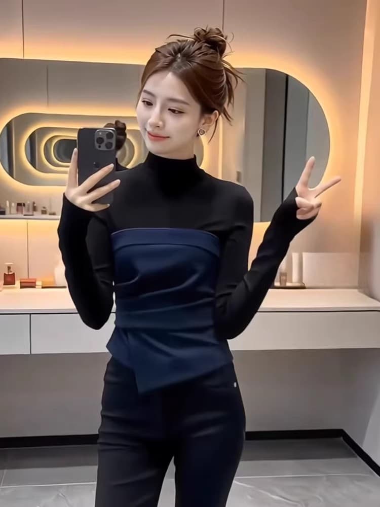 2026 봄 새로운 페이크 레이어드 패치워크 반하이넥 긴팔 티셔츠 몸매 가꾸기 슬림해 보이는 고급 센스 기본 셔츠 맨위 상세 이미지 4
