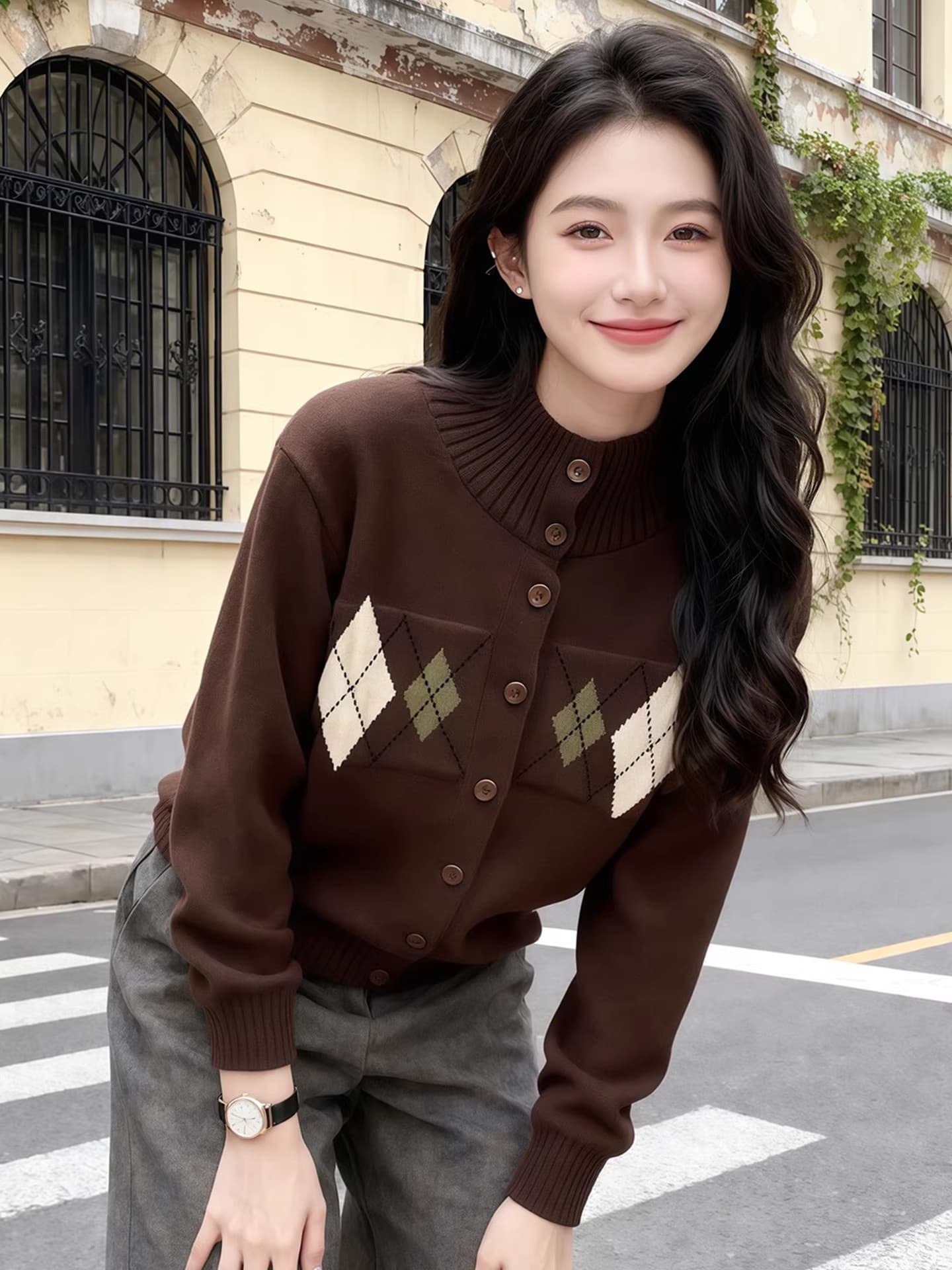 한 부서 레트로 품격 링 그리드 캐주얼 스웨터 여성 의류 2026 봄 새로운 비싼 가스 센스 작은 대중 커피 색상 니트 스웨터 이미지 4