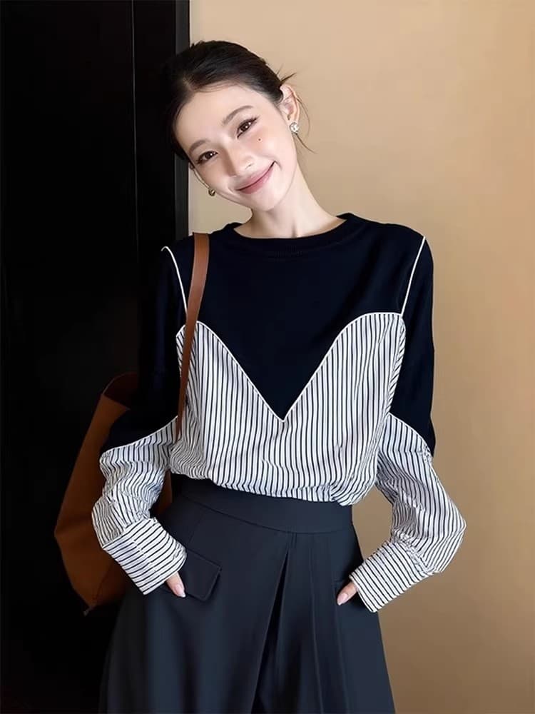 한 부서 페이크 레이어드 스트라이프 긴팔 라운드 넥 티셔츠 여성 봄 루즈핏 슬림해 보이는 연령 감소 만나는 출퇴근 다용도 맨위 이미지 2