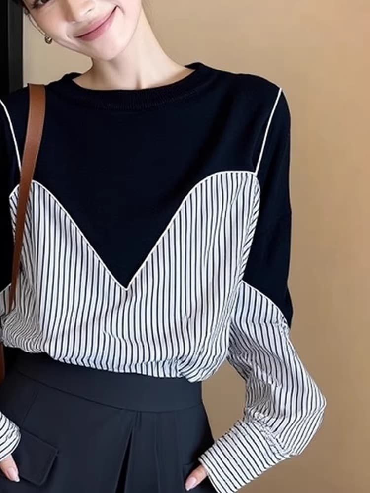 한 부서 페이크 레이어드 스트라이프 긴팔 라운드 넥 티셔츠 여성 봄 루즈핏 슬림해 보이는 연령 감소 만나는 출퇴근 다용도 맨위 상세 이미지 3