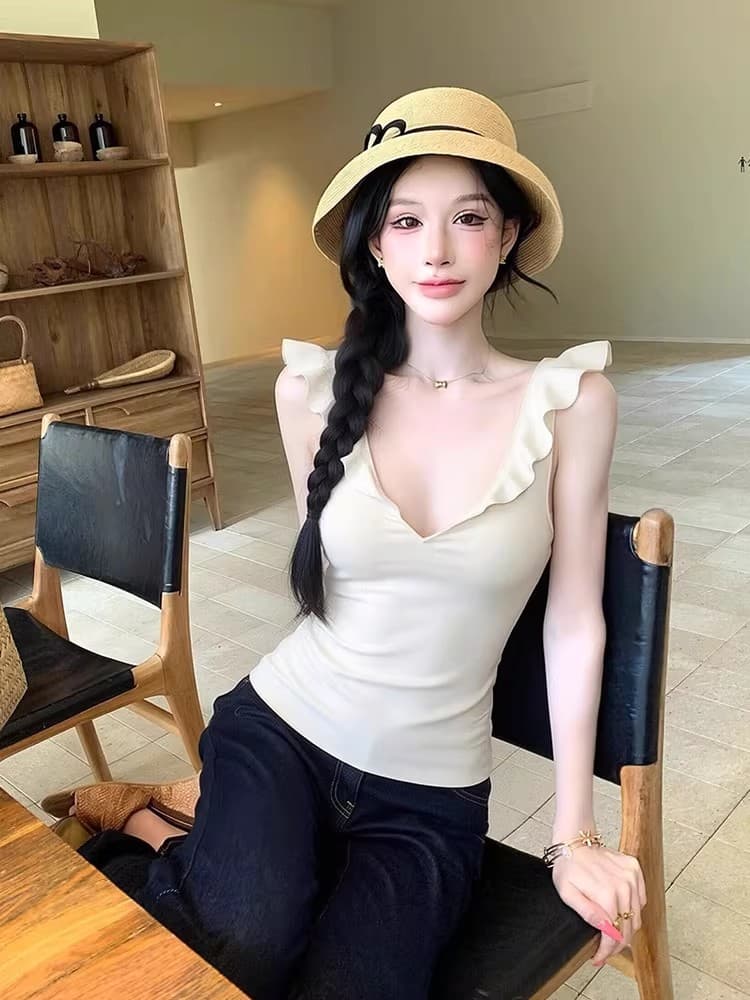 프랑스식 달콤한 스타일 프릴 V넥 조끼 여성 2026 봄 순수한 욕망 부서 몸매 가꾸기 슬림해 보이는 이슬 쇄골 화이트 맨위 이미지 4