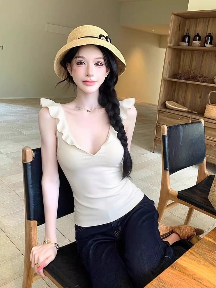 프랑스식 달콤한 스타일 프릴 V넥 조끼 여성 2026 봄 순수한 욕망 부서 몸매 가꾸기 슬림해 보이는 이슬 쇄골 화이트 맨위 상세 이미지 1