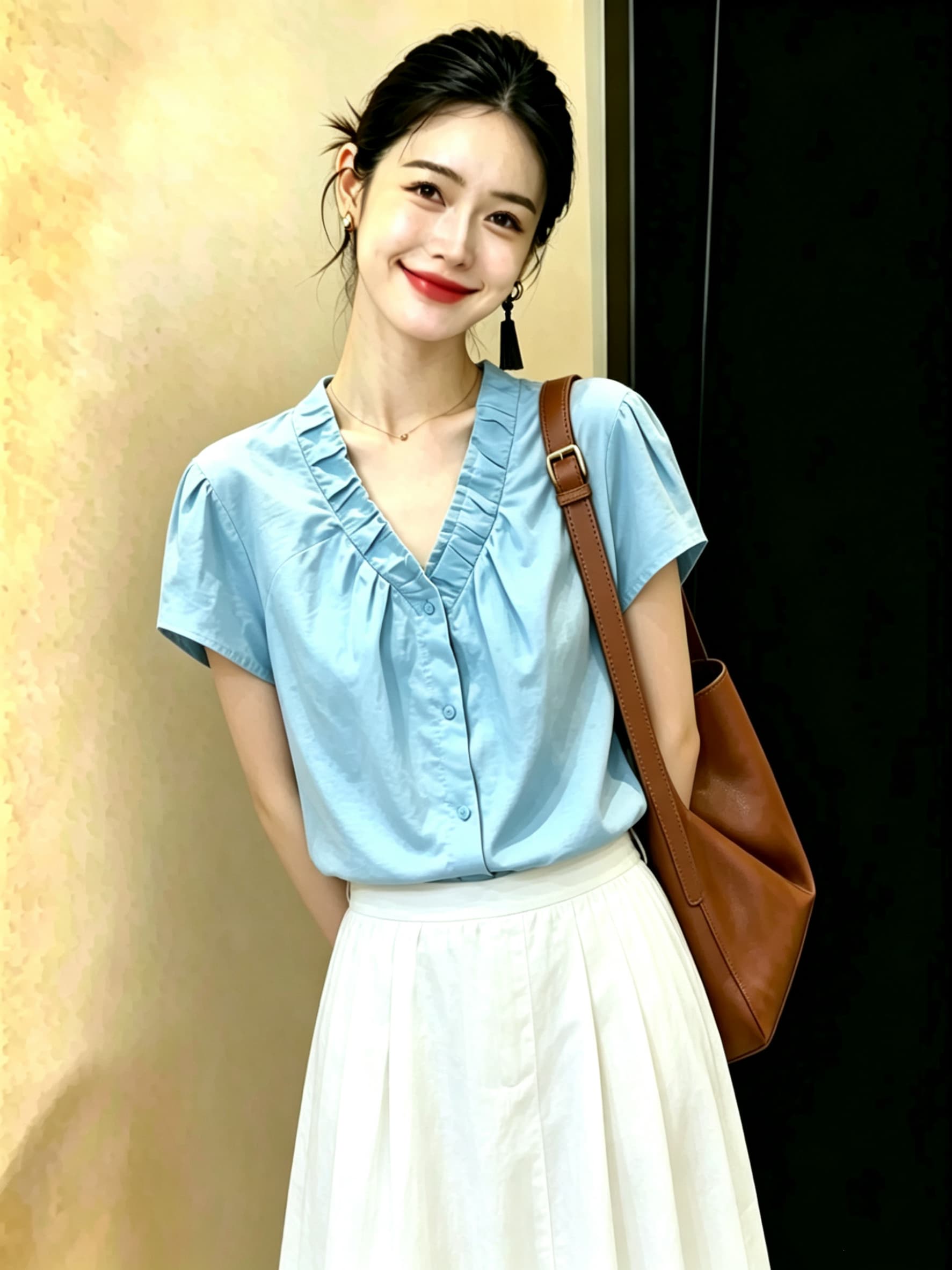 chao 수준 추천 색상 슈퍼 아름다움 하늘 블루 디자인 센스 V넥 Feifei 소매 아마 여성 셔츠 여름 맨위 이미지 3