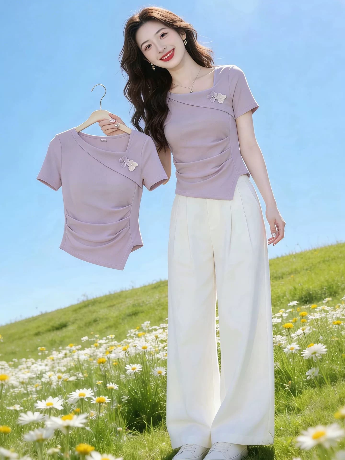 보라색 광장 칼라 꽃 펌프 Pleat 몸매 가꾸기 반팔 티셔츠 여성 2026 여름 고유 한 아름다운 표지 배 슬림해 보이는 맨위