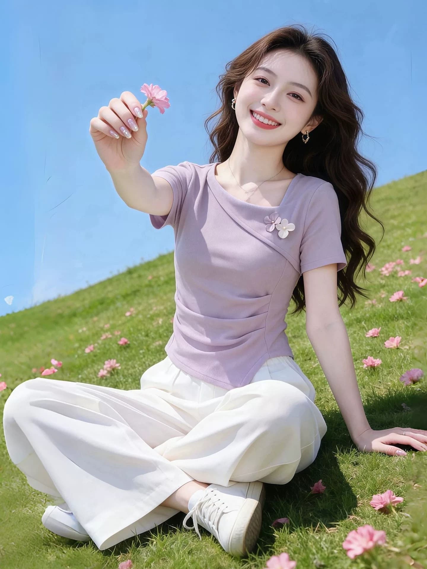 보라색 광장 칼라 꽃 펌프 Pleat 몸매 가꾸기 반팔 티셔츠 여성 2026 여름 고유 한 아름다운 표지 배 슬림해 보이는 맨위 이미지 2