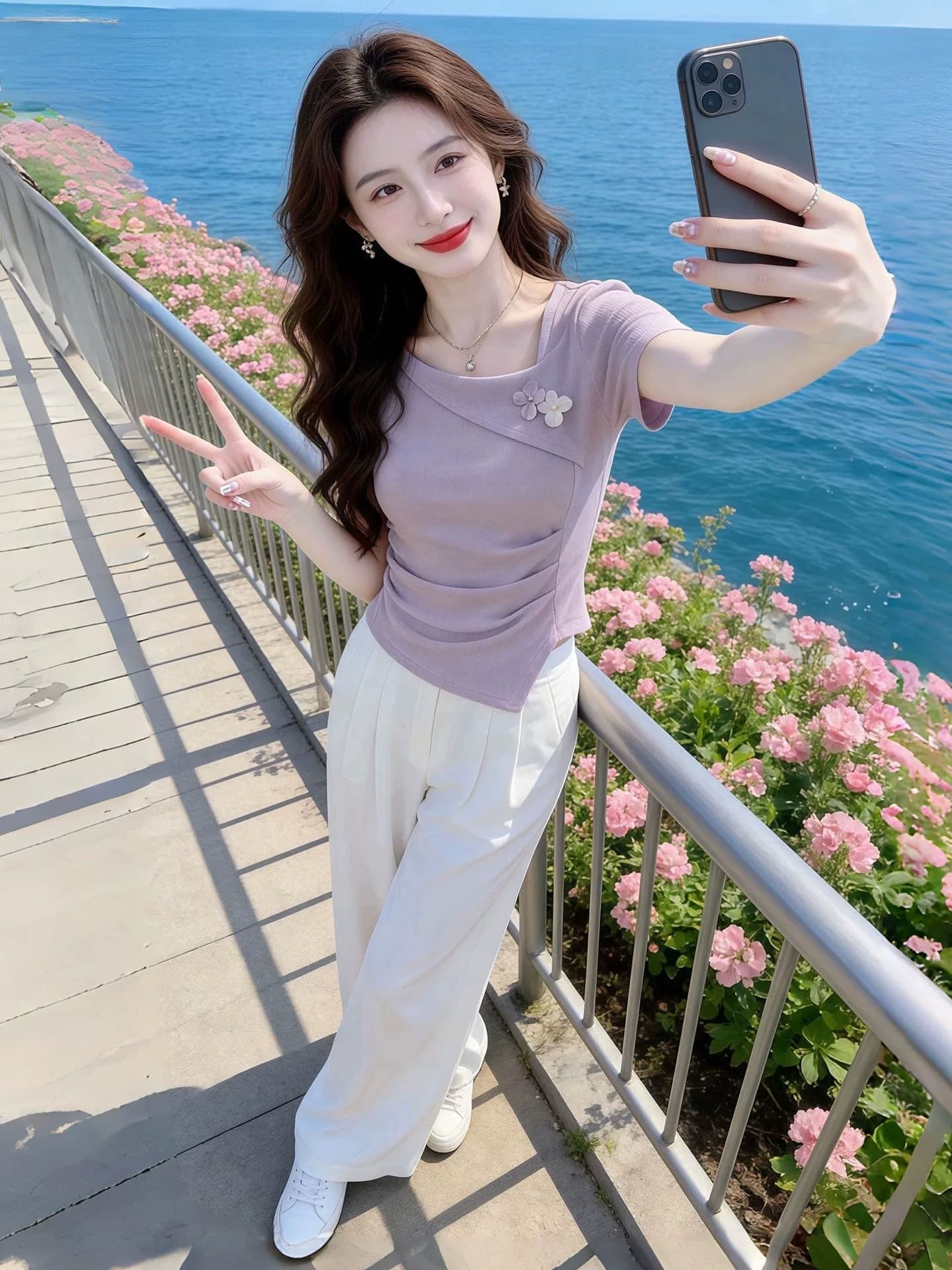보라색 광장 칼라 꽃 펌프 Pleat 몸매 가꾸기 반팔 티셔츠 여성 2026 여름 고유 한 아름다운 표지 배 슬림해 보이는 맨위 이미지 4