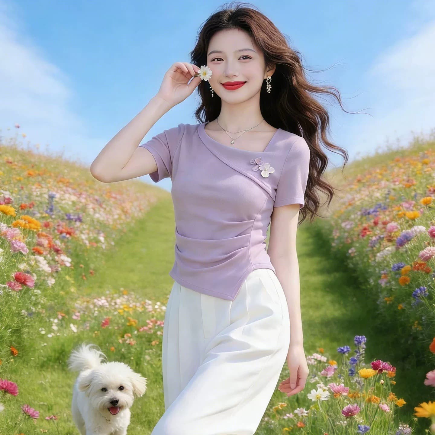 보라색 광장 칼라 꽃 펌프 Pleat 몸매 가꾸기 반팔 티셔츠 여성 2026 여름 고유 한 아름다운 표지 배 슬림해 보이는 맨위 이미지 5