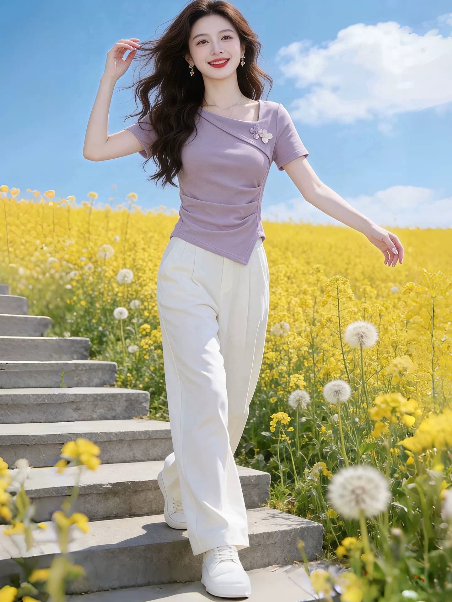 보라색 광장 칼라 꽃 펌프 Pleat 몸매 가꾸기 반팔 티셔츠 여성 2026 여름 고유 한 아름다운 표지 배 슬림해 보이는 맨위 상세 이미지 2