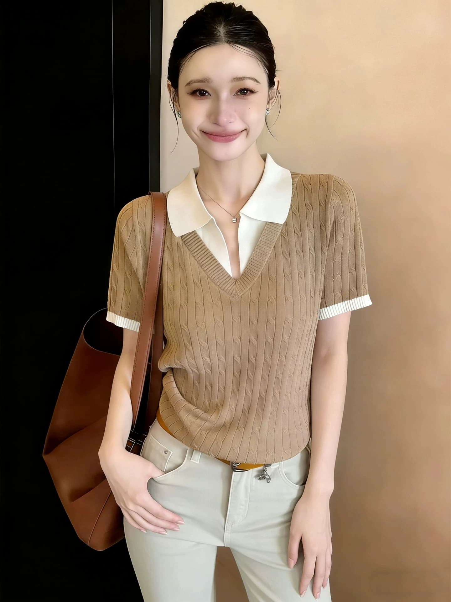 프랑스식 POLO 칼라 카키 색 페이크 레이어드 반팔 티셔츠 여성 여름 고유 한 아름다운 자이언트 잘 생긴 ~ 중 니트 맨위 상세 이미지 2