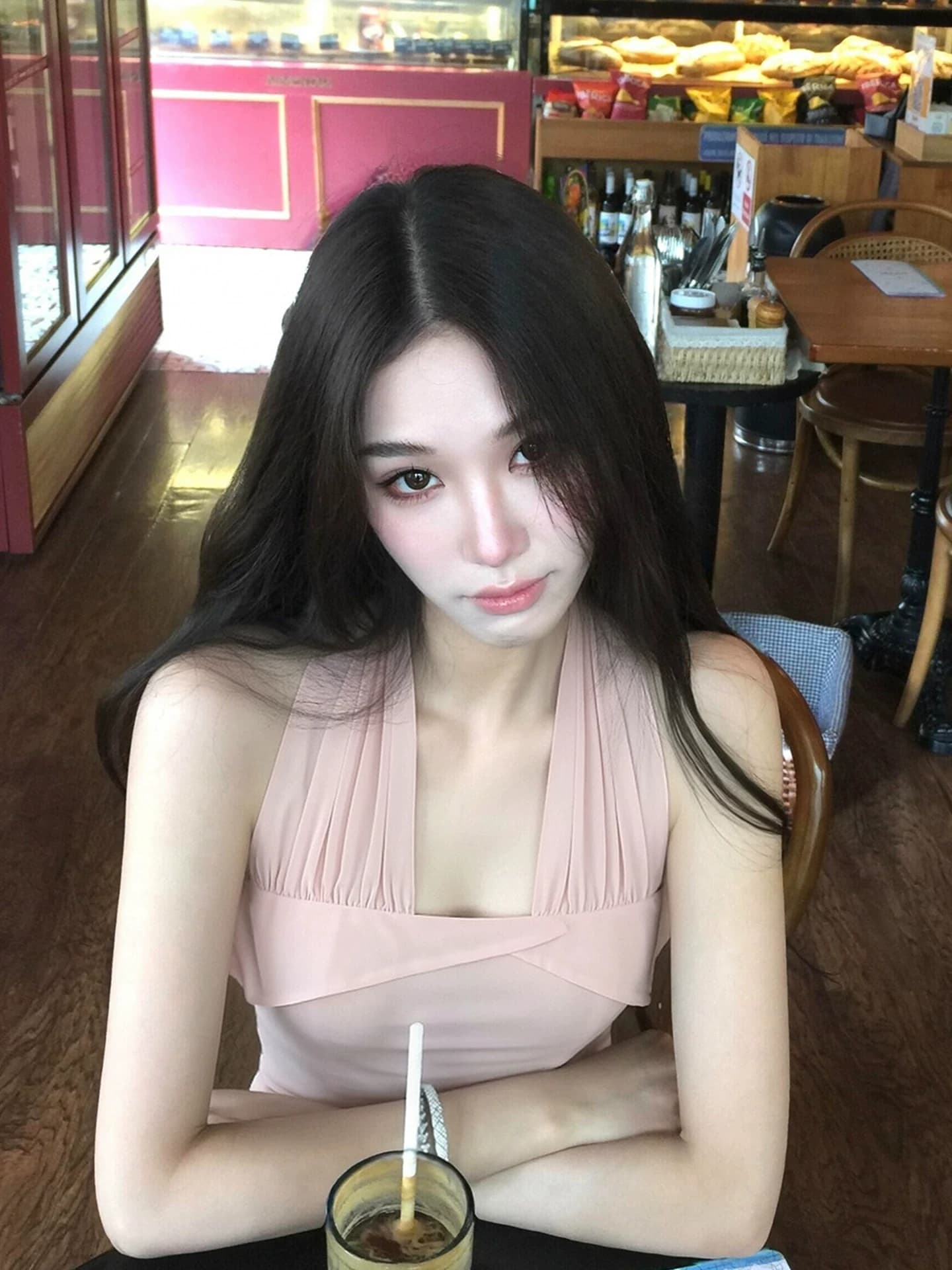 순수한 욕망 부서 핑크색 행침 목 민소매 기본 셔츠 여성 2026 여름 부드러운 바람 광장 칼라 허리 수축 디스플레이 몸 백리스 맨위 상세 이미지 1