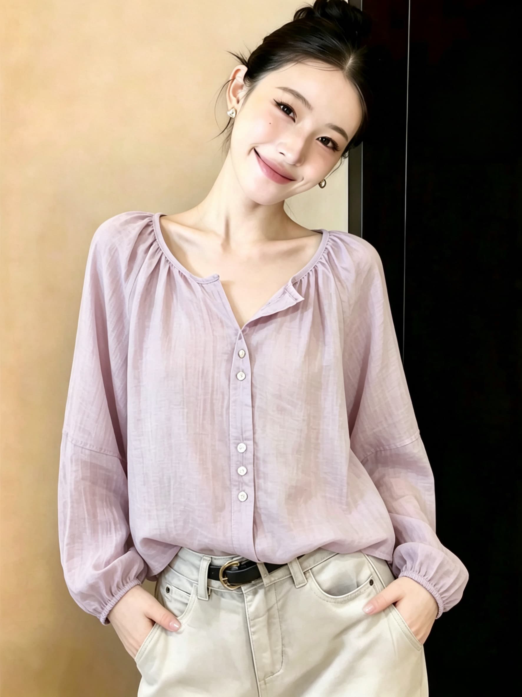 kk studio 추천 추천 분말 보라색 주간 실크 라미 자외선 차단 셔츠 레트로 느긋한 벌룬 소매 재킷 상세 이미지 1