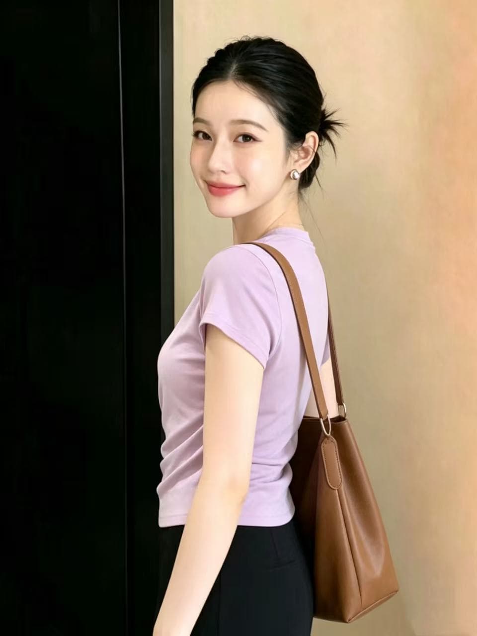 한 부서 보라색 비스듬한 어깨 보트넥 반팔 티셔츠 여성 여름 도파민 얇은 스타일 불규칙 허리 수축 쇼트 스타일 맨위 이미지 2