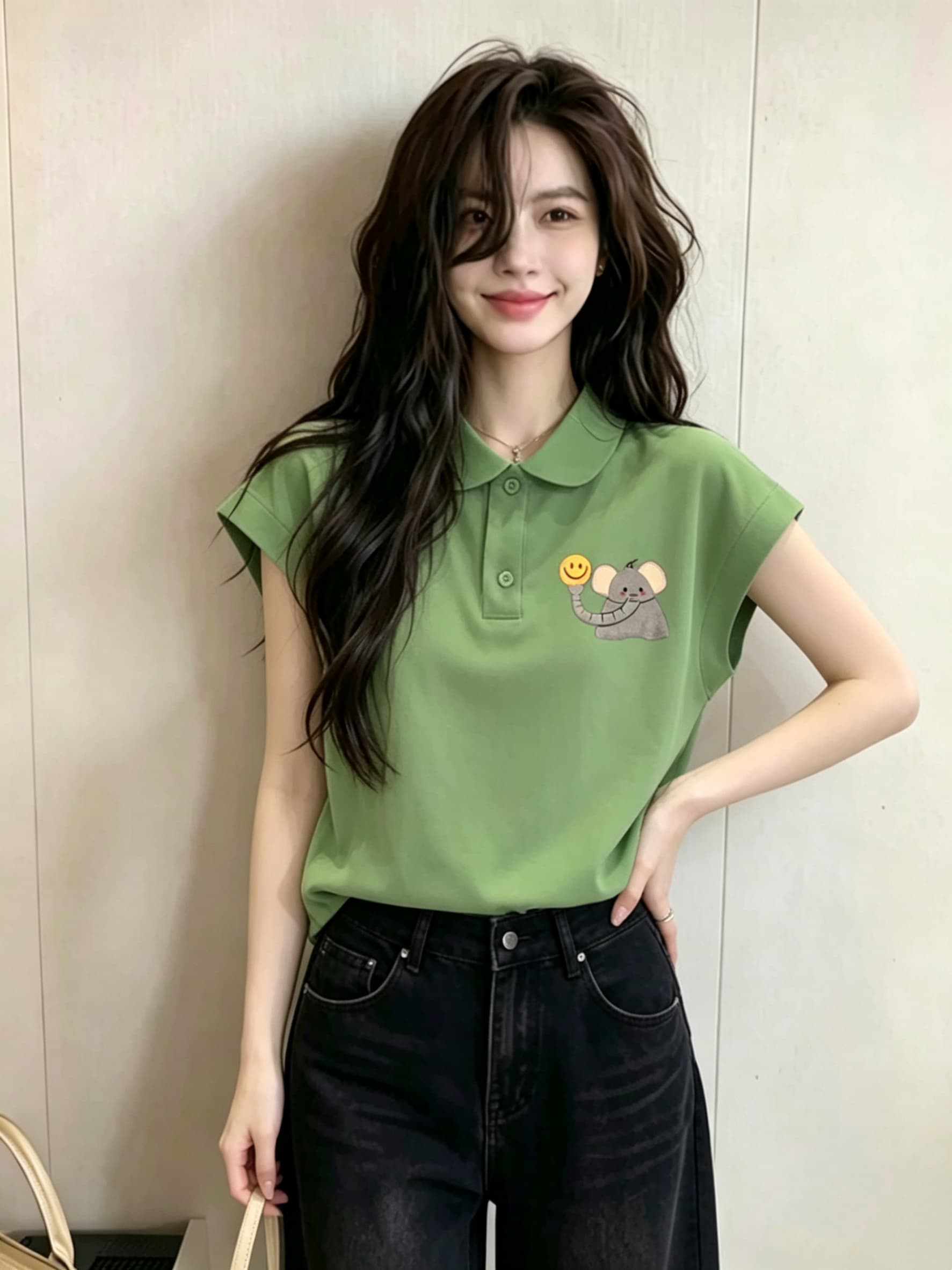 올해 인기 ~ 중 폴로 칼라 녹색 아기 코끼리 티셔츠 여성 여름 2026 새로운 도파민 착용 가져 가라. 외국 가스 빅 사이즈 맨위 상세 이미지 4