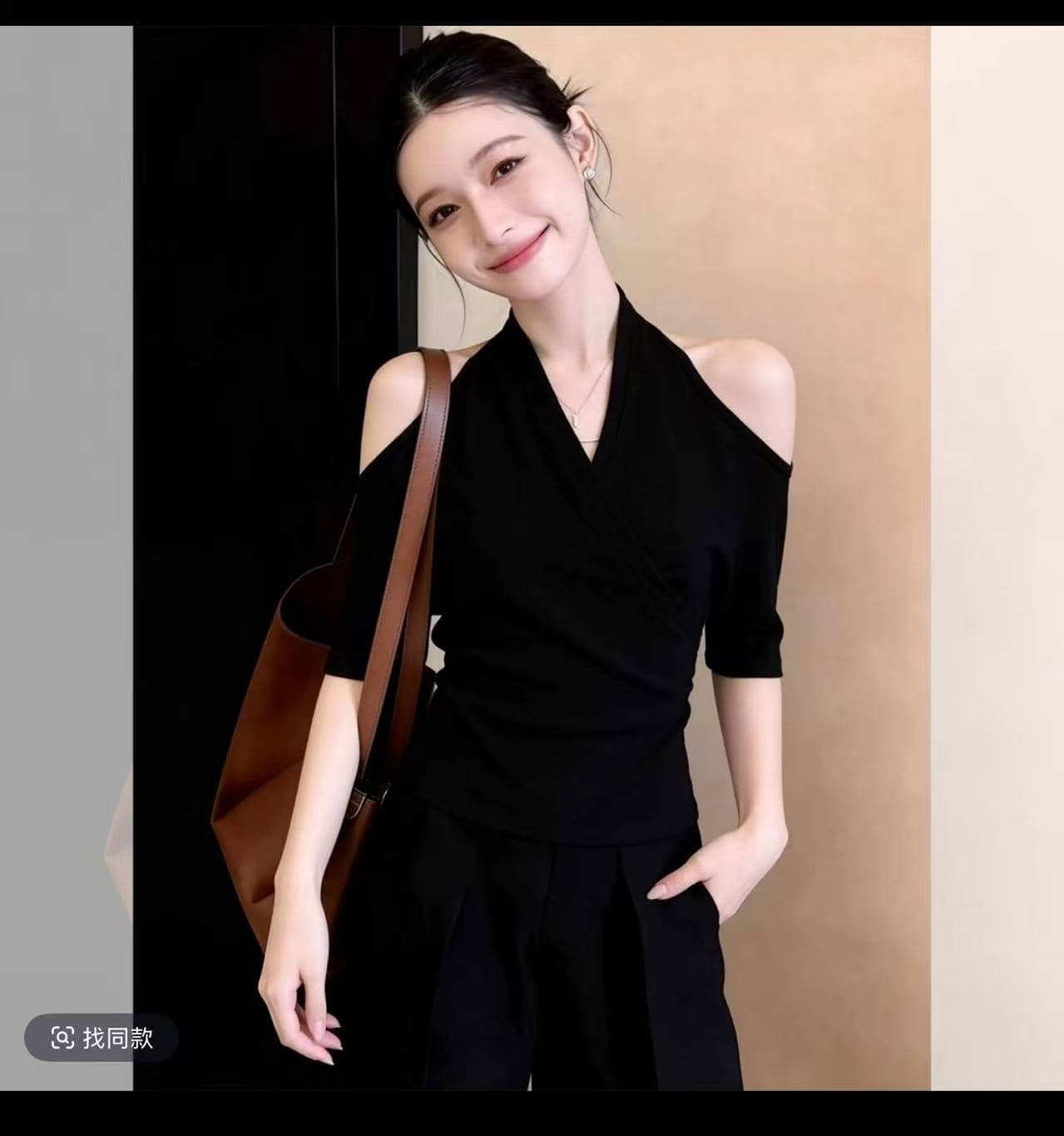 여름 작은 대중 디자인 센스 행침 목 티셔츠 품격 고유 한 아름다운 자이언트 잘 생긴 고급 슬림해 보이는 검정색 오프숄더 맨위 상세 이미지 3