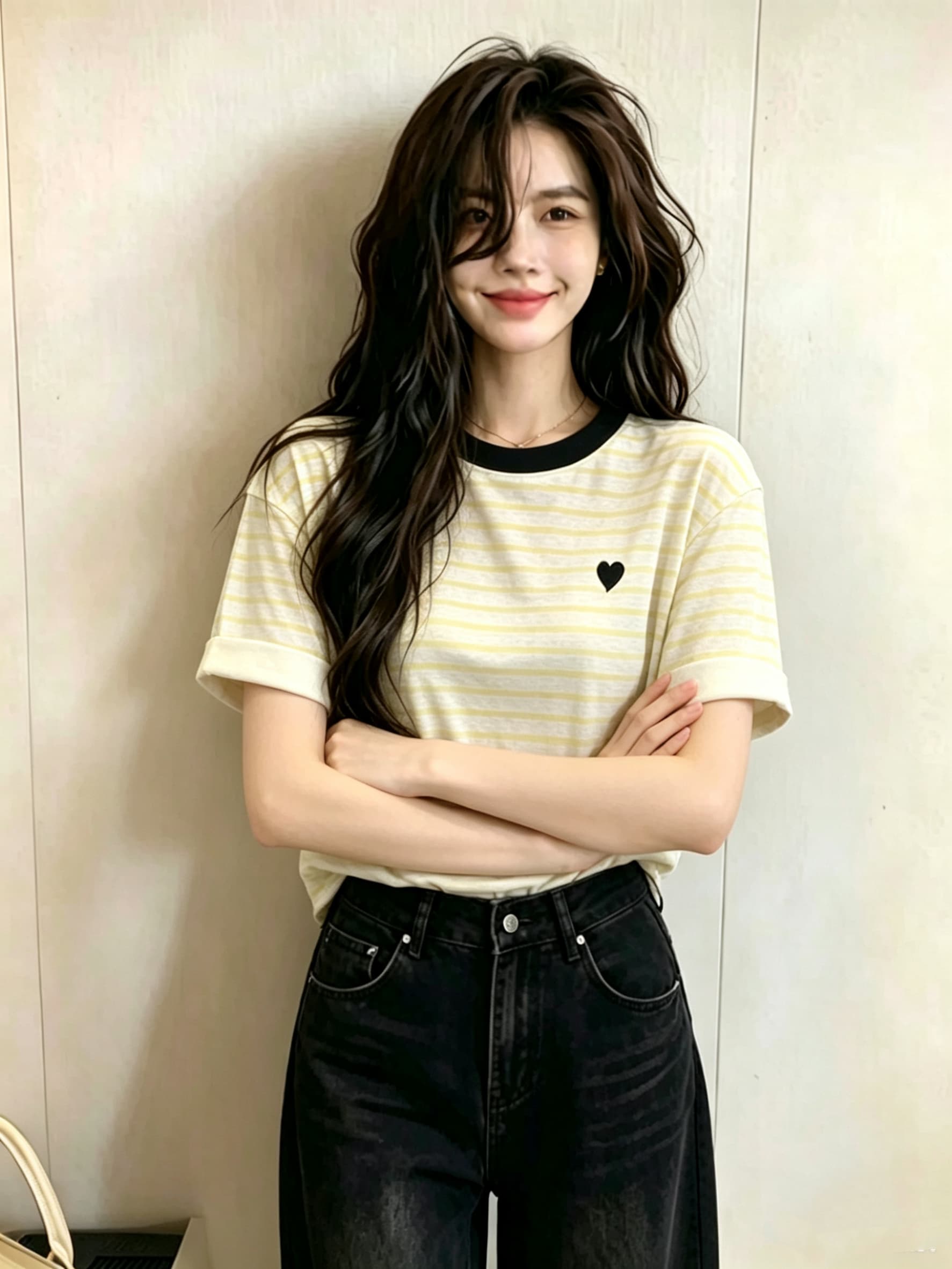 한 부서 2026 새로운 황색 스트라이프 자수 얼음 실크 긍정적 인 어깨 티셔츠 여성 여름 디자인 센스 맨위 상세 이미지 2