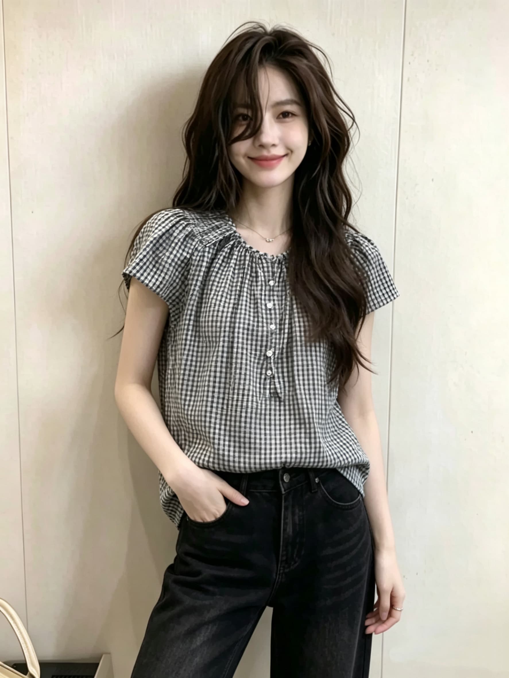 프랑스식 Chic 흑인과 백인 체크무늬 작은 날다 소매 반팔 여성 셔츠 여름 디자인 센스 쇼트 스타일 인형 셔츠 긍정적 인 어깨 의류 상세 이미지 3