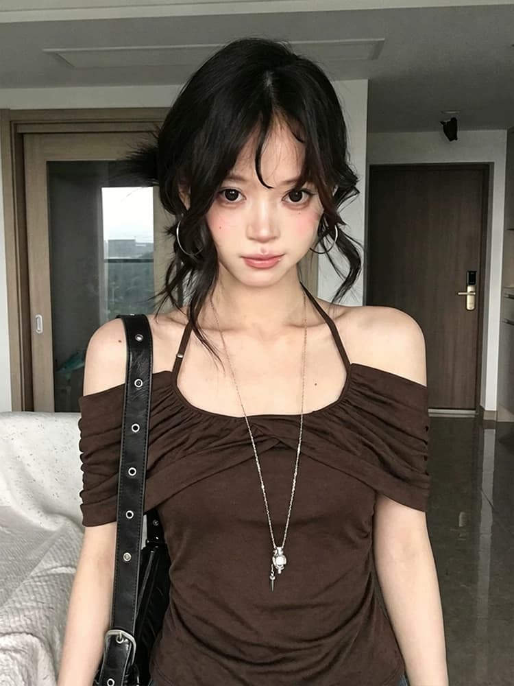 아메리칸 핫걸 바람 행침 목 슬립 오프숄더 티셔츠 여성 여름 주름 디자인 센스 허리 수축 슬림해 보이는 오프숄더 맨위 상세 이미지 2
